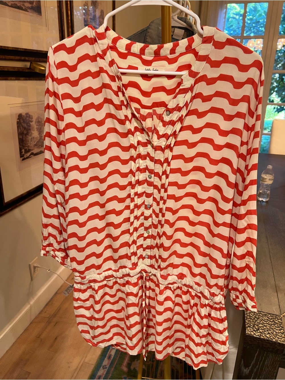 Anthropologie Red and White Wave-Stripe Peplum Tunic Dress